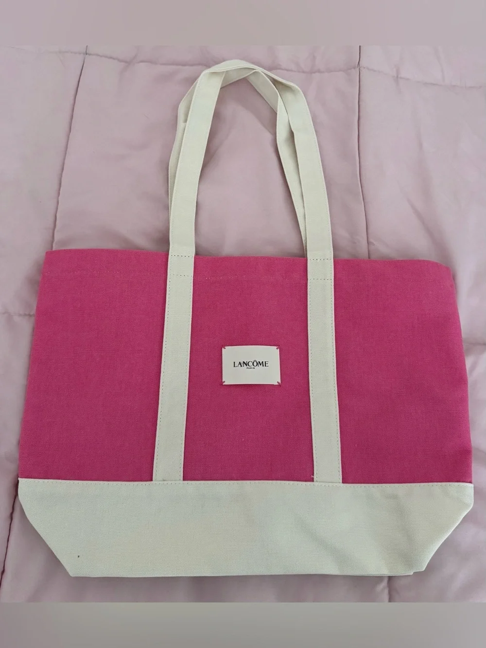 NWT Lancôme Pink Canvas Tote Bag with Cream Trim, size 17x12 boho beach Barbie - Picture 1 of 9